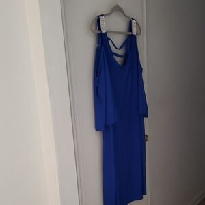 Midnight Velvet Royal Blue Cold-Shoulder Evening Dress with Embellished Straps